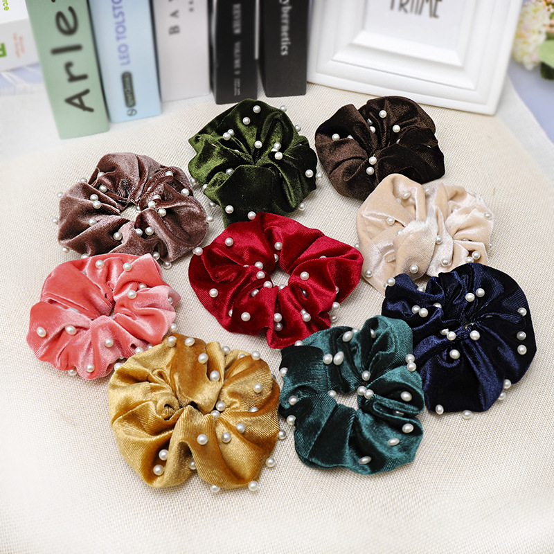 Korean Temperament Gold Velvet Cloth Headwear Nail Pearl Hair Ring Large Intestine Ring Hair Rope Head Flower Hair Accessories Wholesale Nihaojewelry display picture 3