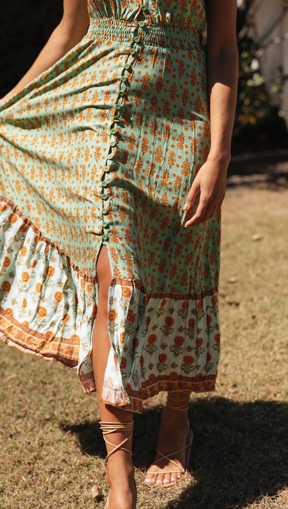 Print V-Neck Waist Bohemian Long Dress NSJKW120541