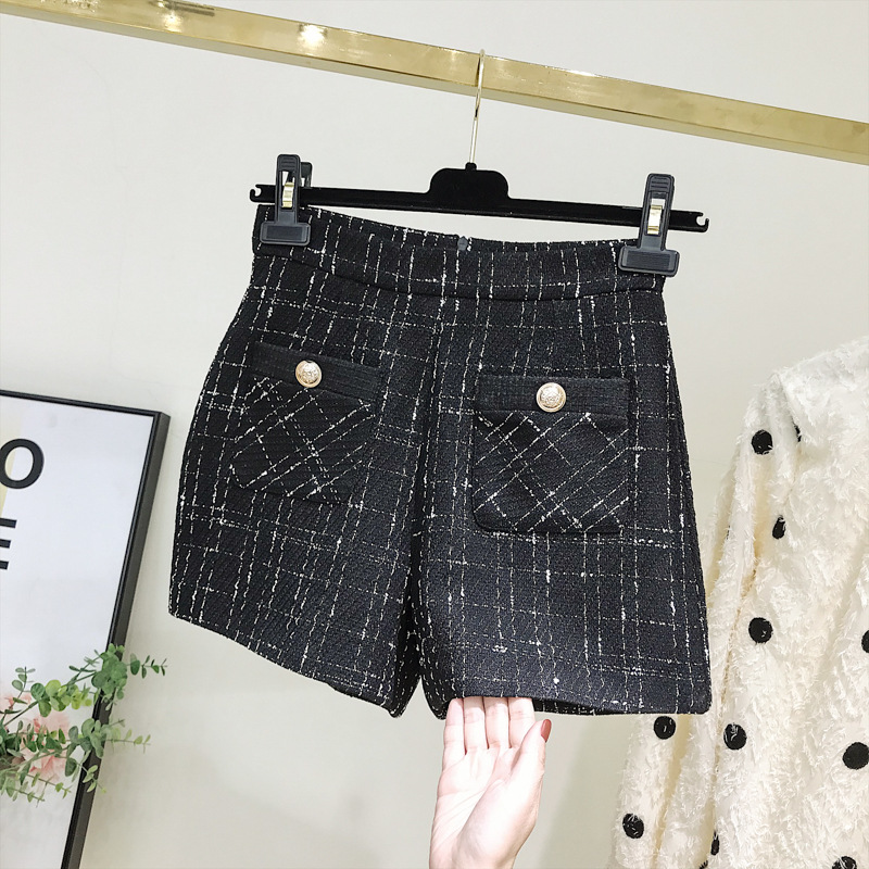 MJ6088 毛呢闊腿褲子高腰黑色百搭格子小香風短褲2019女秋冬季