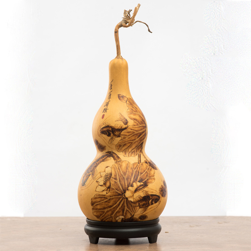 烙画葫芦年年有余中国年画风格乔迁摆件荷花鱼天然大葫芦手工艺品|ms