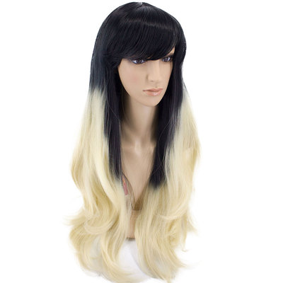 Europe and America Amazon Wig Long curly hair Oblique bangs dyeing Wig black Gradient Pale gold wholesale