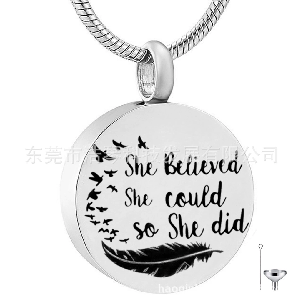 Трансграничный горячий пепел любимчика ожерелье круглые надписи перо пепла шкатулка кулон кремация ювелирные изделия флакон духов