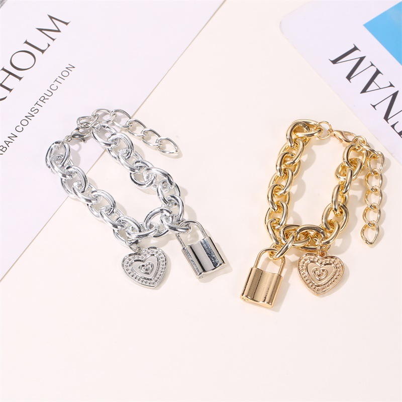 Hot Sale Punk Style Hip-hop Thick Chain Lock Bracelet Fashion Couple Love Pendant Bracelet Jewelry Wholesale Nihaojewelry display picture 3