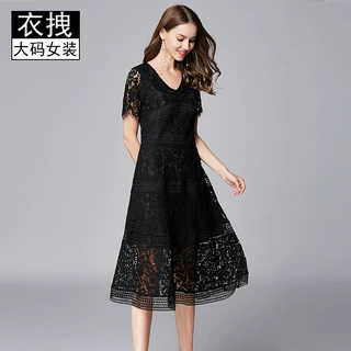 V领品牌蕾丝连衣裙 夏装新款加大码胖妹妹大摆A字睫毛长裙200斤