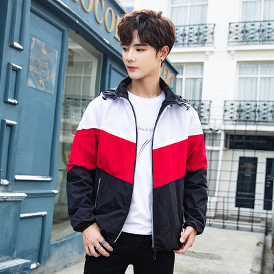 2019秋季新款男式青少年連帽時尚外套韓版彩色拼接雙面穿風衣夾克