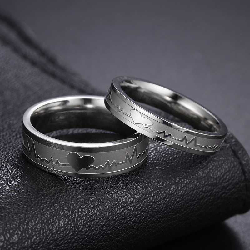 Simple Titanium Steel Electrocardiogram Couple Rings display picture 3