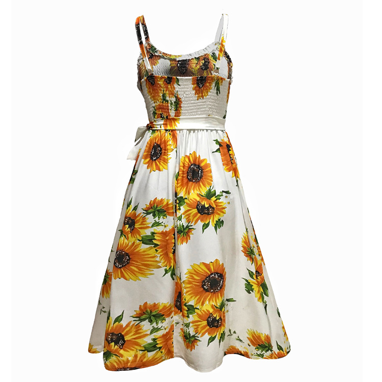 Woman Sleeveless Midi dress Sunflower Printed elastic Waist Button
