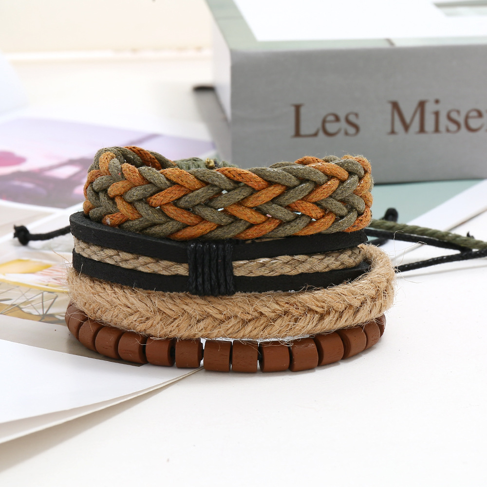 Vintage woven leather bracelet diy three-piece hemp rope bracelet bracelet