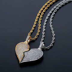 European and American broken heart detachable double buckle head couple men and women hip-hop pendant full gem solid necklace 