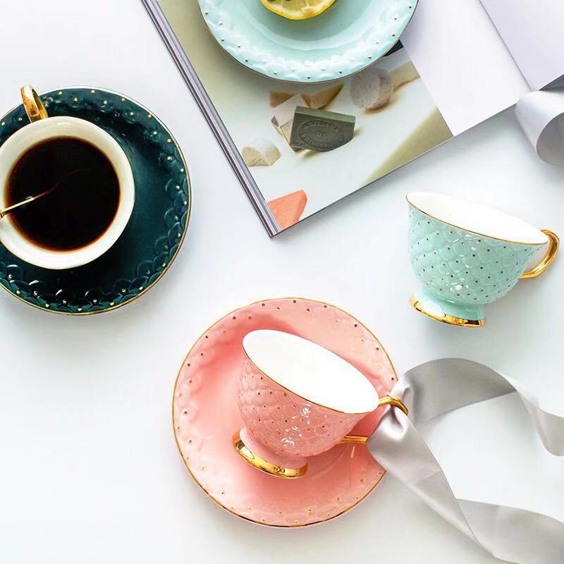 歐美輕奢人魚尾咖啡杯碟套裝宮廷風描金孔雀綠骨瓷下午茶茶花茶具