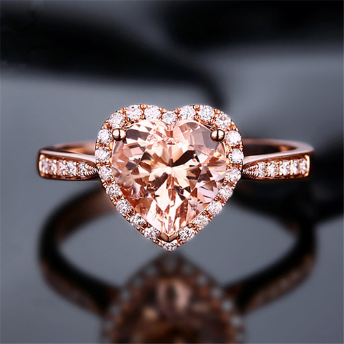 Wish European and American hot selling natural morganite love ring micro-paved zircon plated 18K gold orange pink diamond heart-shaped ring