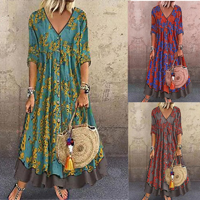 2020 Amazon Europe and America Spring and autumn season new pattern Three Quarter Sleeve Retro printing double-deck Large Dress