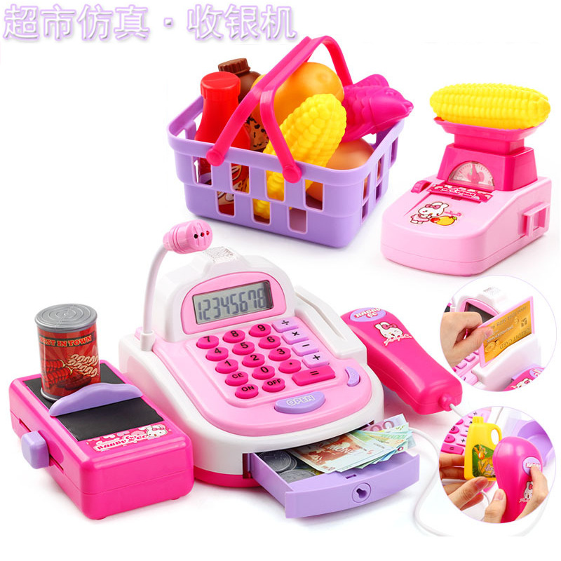 children Play house simulation Electric Cashier Toys baby supermarket Cashier Credit card shopping basket suit