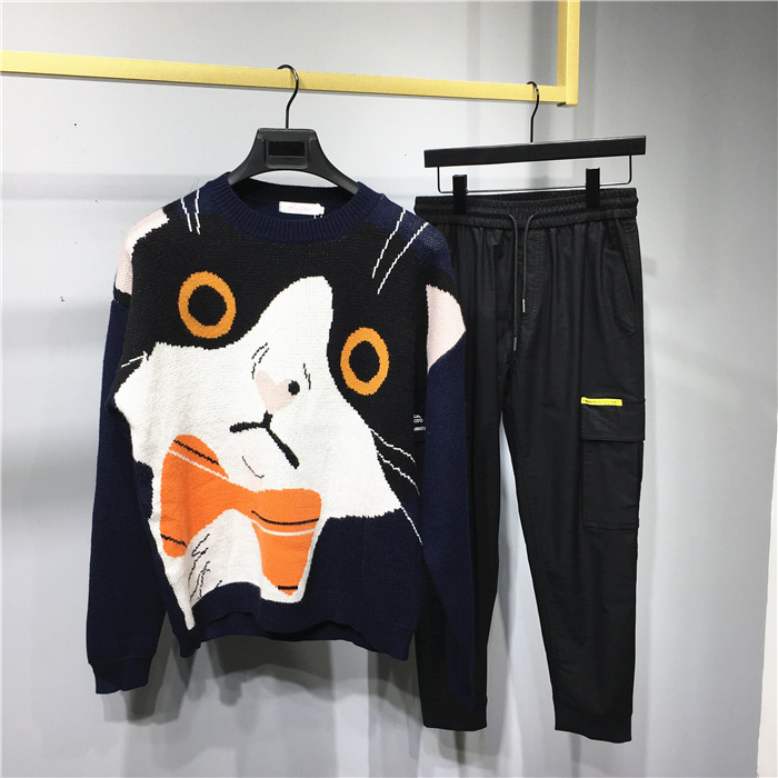 Men's Wool Sweater With Cat Pattern Round Neck Couple Knit Top_voghion.com