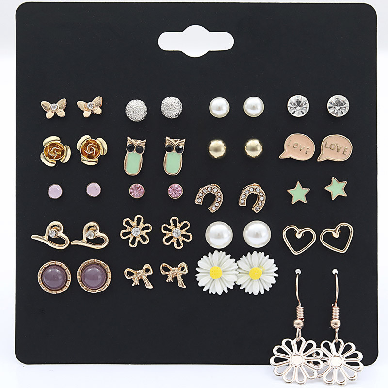 Fashion Owl Flowers Butterfly Stars Chrysanthemum Rhinestone Stud Earrings 20 Pairs Set display picture 7