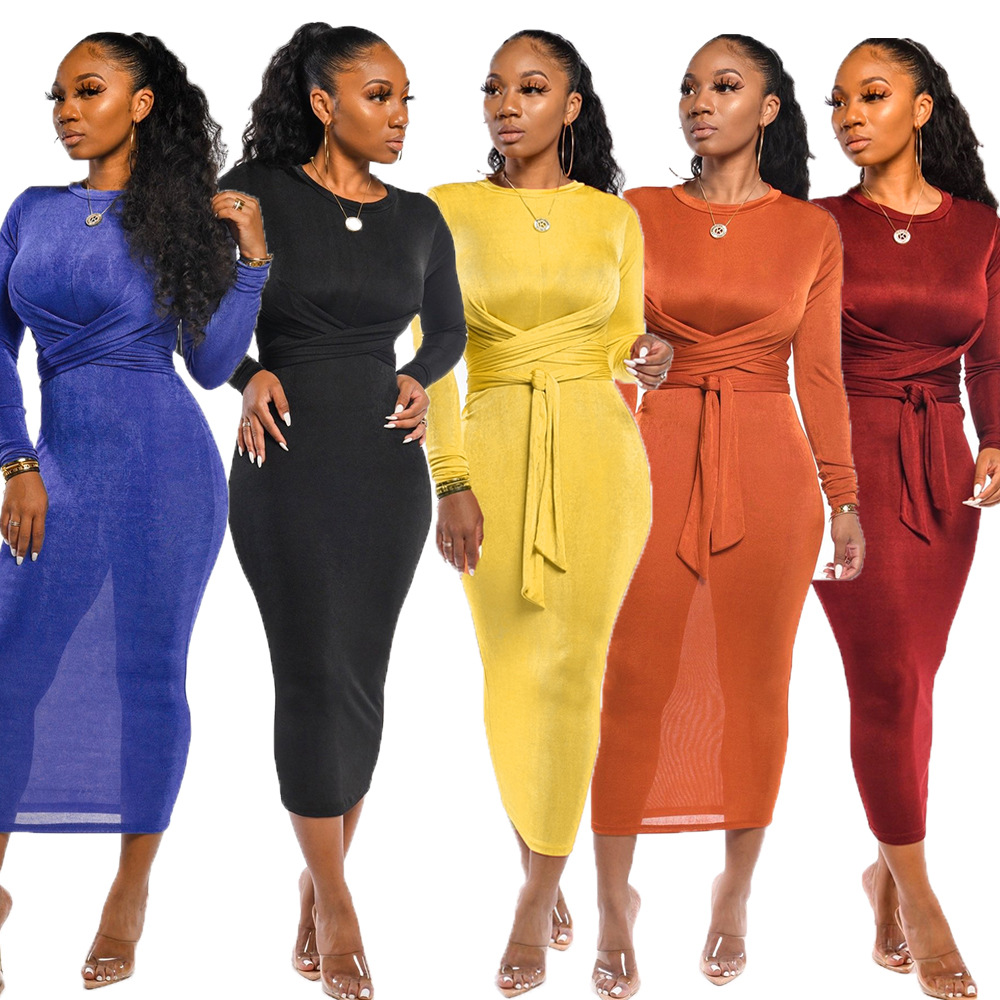 L065 速卖通亚马逊跨境女装长袖绑带丝绒包臀连衣裙性感