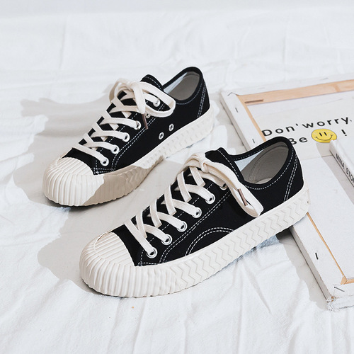  spring new canvas shoes for female students, Korean style fashion sneakers, biscuit shoes, Hong Kong style Internet celebrity cloth low-top shoes