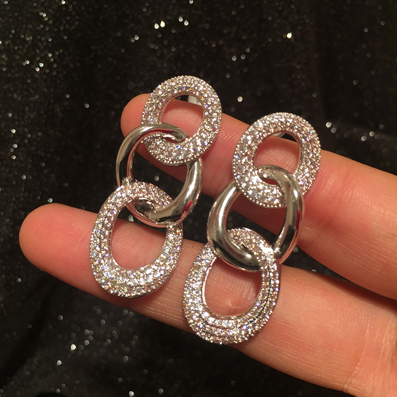 25g Weight S925 Silver Stitched Chain Earrings Long Tassel Simple Micro Inlaid Zircon Creative Earrings