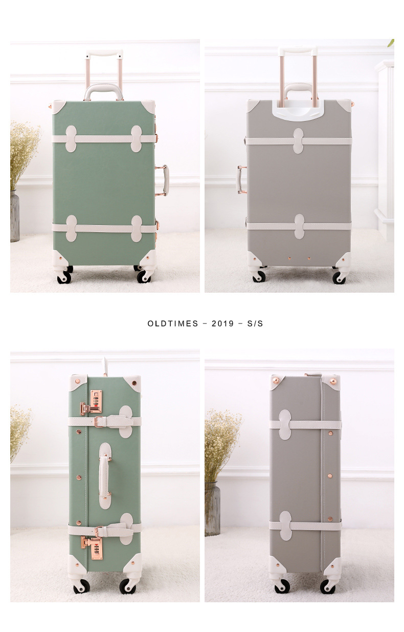 Vali kéo vintage da màu xanh lá cây 20 inch bánh xe xoay 360 độ, kèm hộp quà tặng — trà xanh matcha chi tiết 6