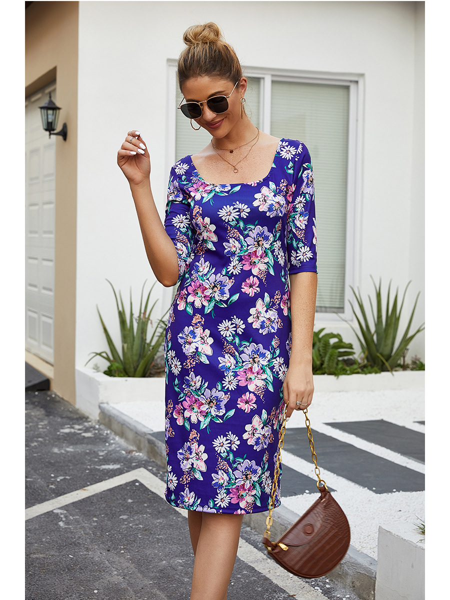 Round Neck Printed Bouquet Waist Slim Dress NSAL14189