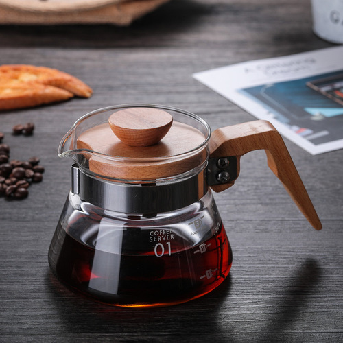 Supply of high borosilicate coffee set glass coffee pot hand brewed coffee pot coffee sharing pot teapot wooden handle glass pot