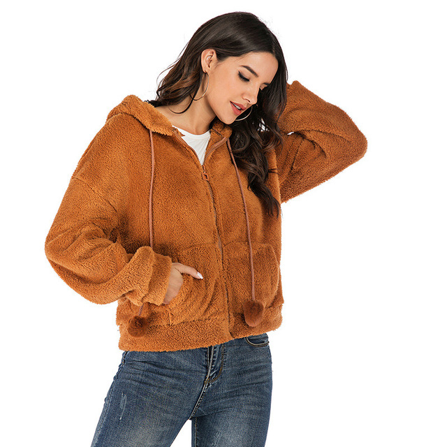 European and American casual fleece coat women’s solid loose hood