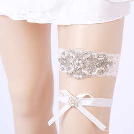 蕾丝蝴蝶结婚礼袜带 水钻珍珠吊袜带蕾丝腿饰腿环速卖通热卖款