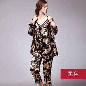 跨境爆款春秋丝绸情侣睡衣女士龙袍印花丝绸家居服三件套装厂家