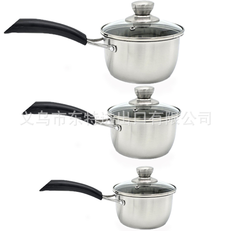 Factory direct sales of stainless steel milk pot three-piece set, milk and noodle pot for export, 14-18cm single handle milk pot gift detail image 2