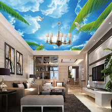 欧式蓝天白云椰树海鸥吊顶天花板3D立体卧室客厅天空棚顶壁画壁纸