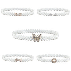 新款女士水鑽鑲嵌蝴蝶結彈力鬆緊珍珠腰帶百搭裝飾女腰封批發