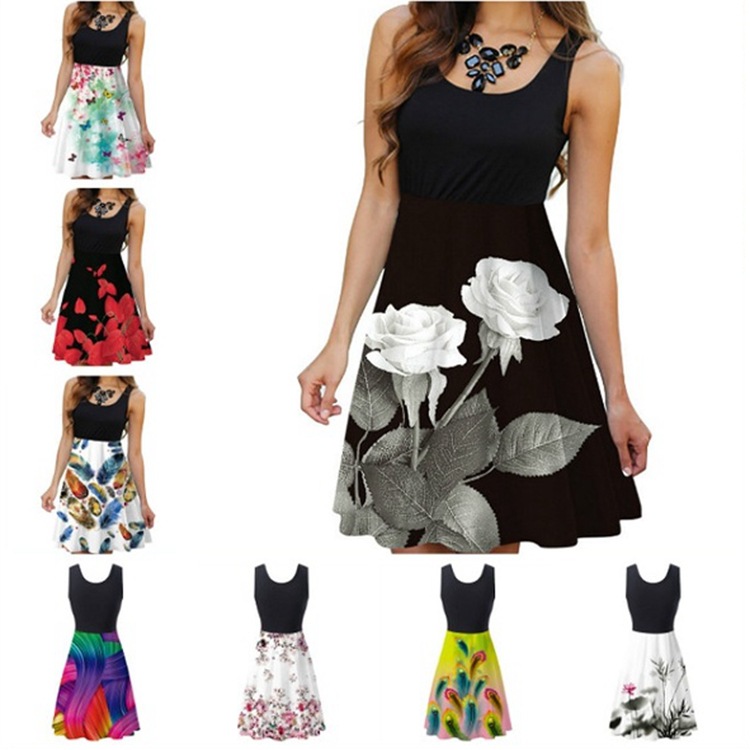欧美夏季女装新款wish亚马款无袖圆领女士数码印花连衣裙ebay