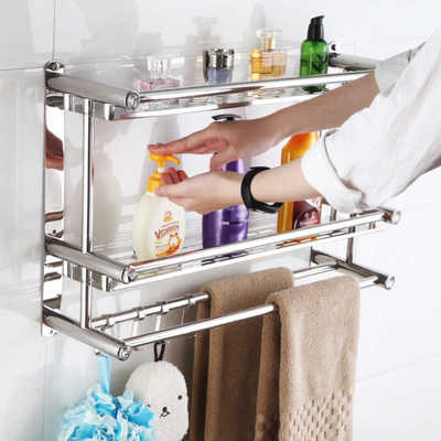 double-deck Wall hanging Free punch Towel rack Stainless steel Shelf TOILET Metal pendant Wall hanging Storage rack