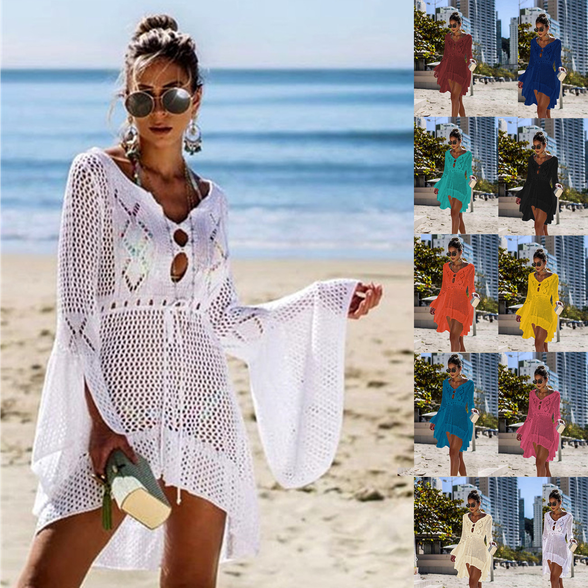欧美亚马逊新款镂空沙滩度假针织罩衫钩花纯色喇叭袖比基尼防晒衫