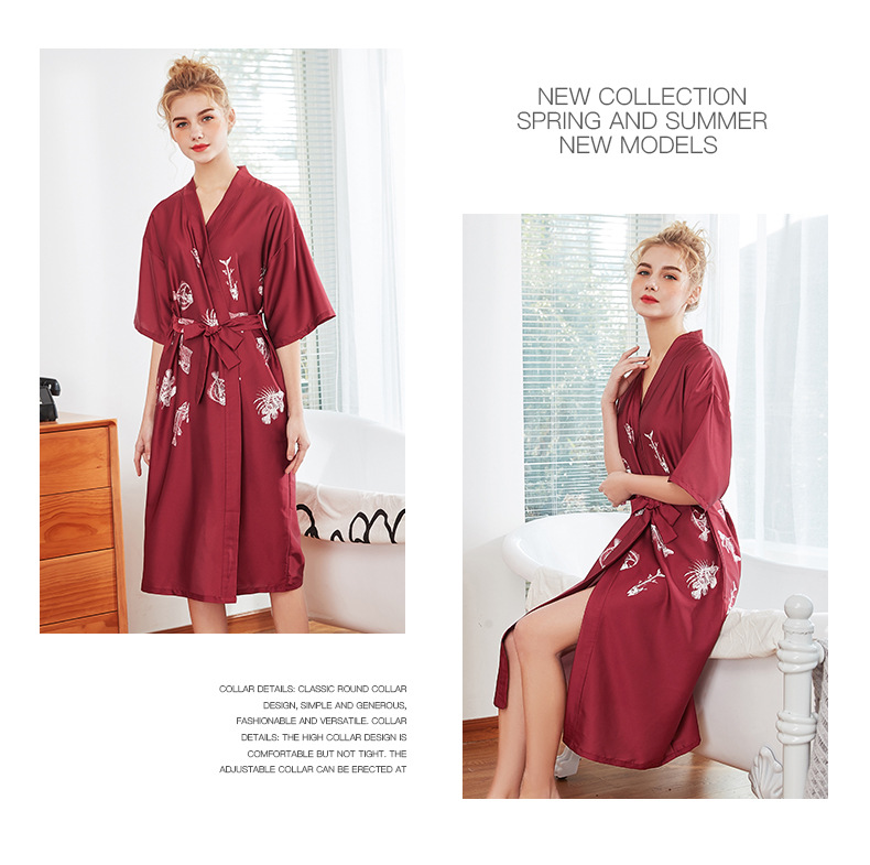 Fashion Simple Silk Pajamas Women Summer Long Red Nightgown Dressing Gown Wholesale Nihaojewelry display picture 11