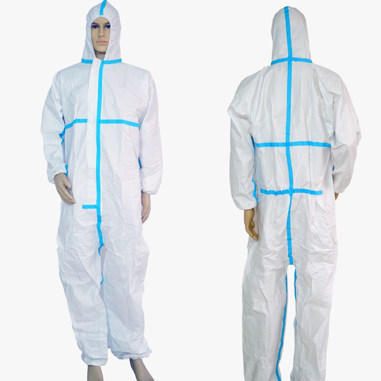 民用一次性防护服透气膜无纺布连体服工作衣透气轻便的蓝色贴条