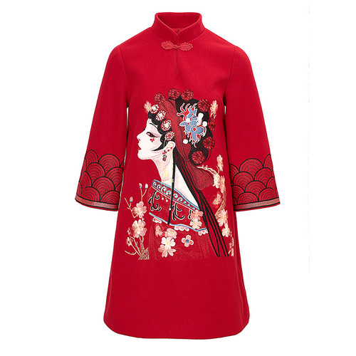 Women China traditional wool dress qipao top embroidered ethnic standing collar woolen dress 