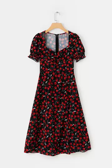 Euramerican spring and summer women's new wholesale cherry print split Short Sleeve Dress - ShopShipShake