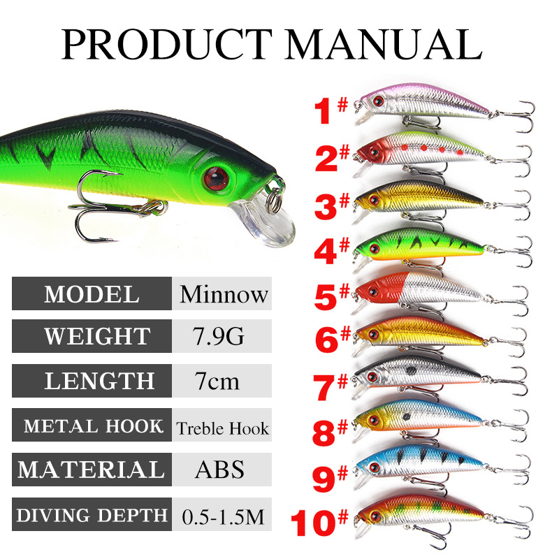 10 Colors Sinking Minnow Fishing Lures Hard Plastic Minnow Baits Bass Trout Fresh Water Fishing Lure