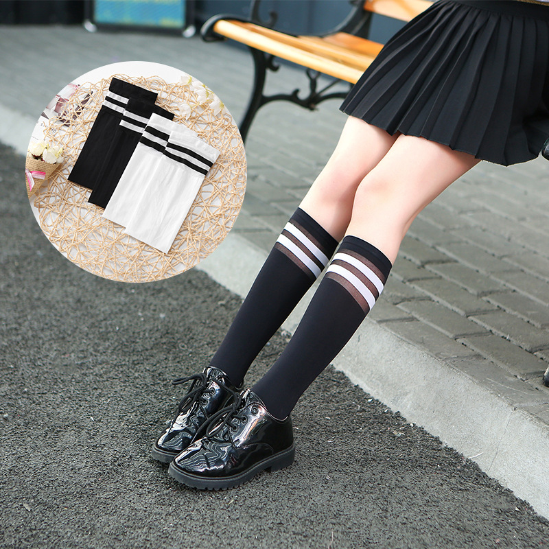春夏新款儿童长筒袜 学院风条纹女童中筒袜 三条杠足球儿童长袜