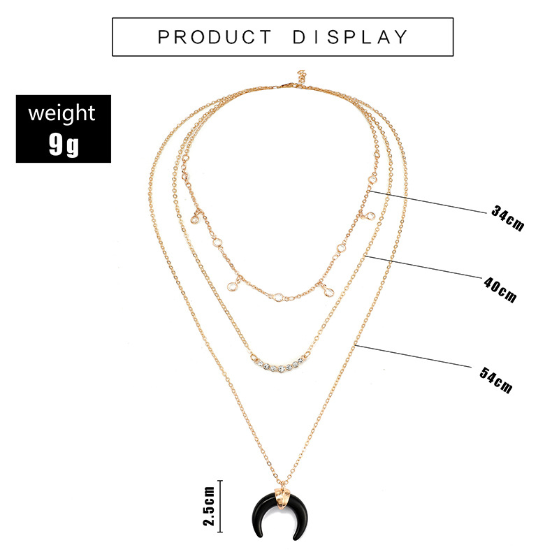 Europe And The United States Personalized Diamond Black Crescent Horn Multi-layer Necklace Wild Moon Pendant Neck Chain Clavicle Chain display picture 1