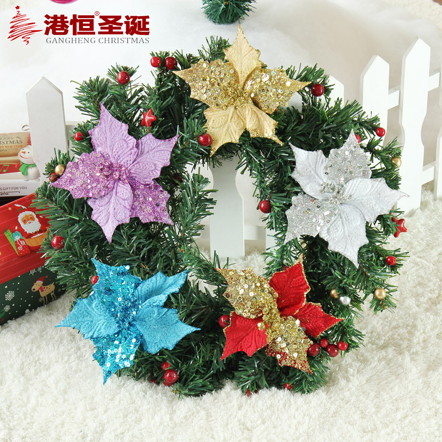 17cm simulación Navidad flor árbol de Navidad DIY Decoración Accesorios Punta esquina pegajosa lentejuelas tela flor falsa Flor de Navidad