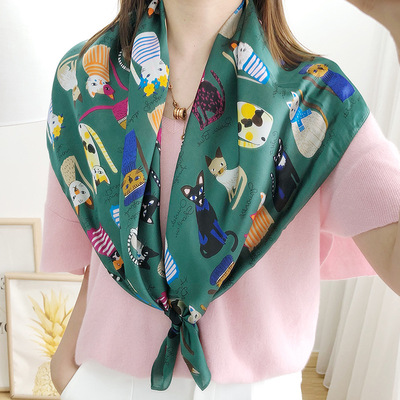 2019新款百变猫咪90大方巾女韩国百搭正方形仿真丝装饰春丝巾|ms