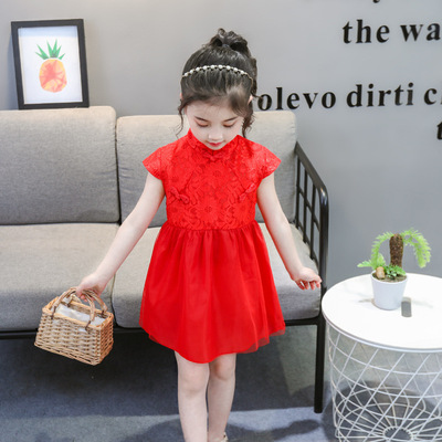 2020中国风女童夏日中式飞袖蕾丝旗袍纱裙民族风两色可选微商代发