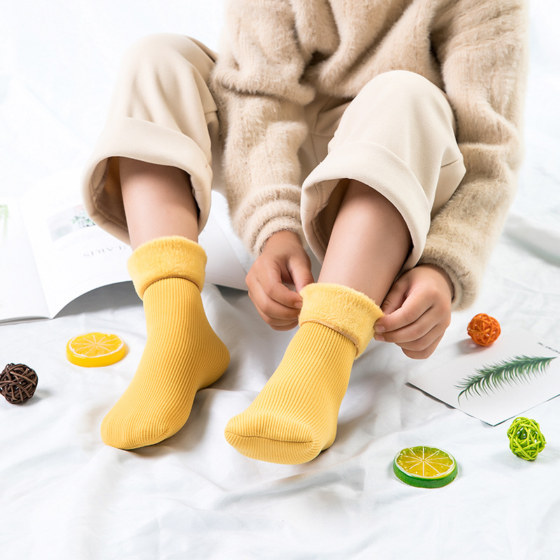 秋冬爆款儿童雪地袜 加绒加厚舒适保暖地板童袜 纯色竖条中筒袜