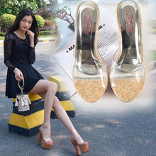 2025韩版木纹高跟pu女鞋性感透明水晶高跟粗跟防水台沙滩凉拖鞋女