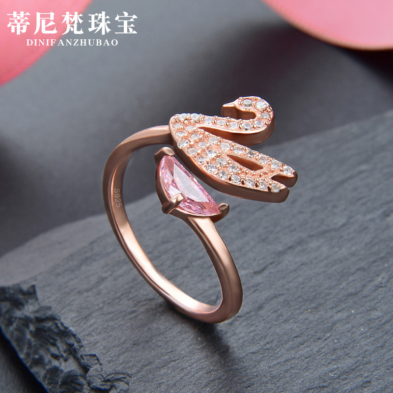 Diamante incrustado Pequeño Cisne s925 anillo de plata elegante estilo Chanel moda Shijia chica anillo abierto boca retráctil