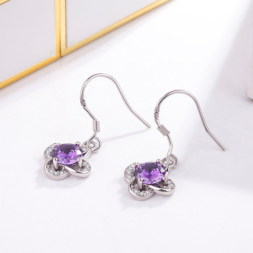Korean version of purple diamond four-leaf clover long earrings for women with diamonds and zircons long ear hooks personalized student earrings simple jewelry