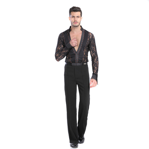  Men's lace rhinestones latin dance body shirts long sleeves v neck ballroom waltz tango dance body tops 