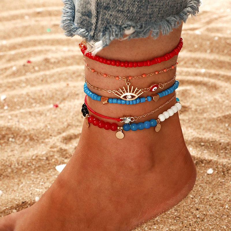 New Fashion Accessories Color Rice Bead Disc Love Eye Anklet Set display picture 5